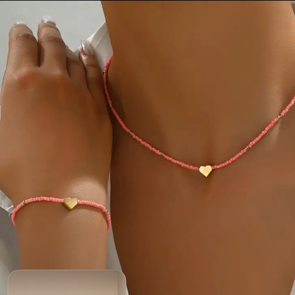 Gold Heart Coral Necklace and Bracelet Set